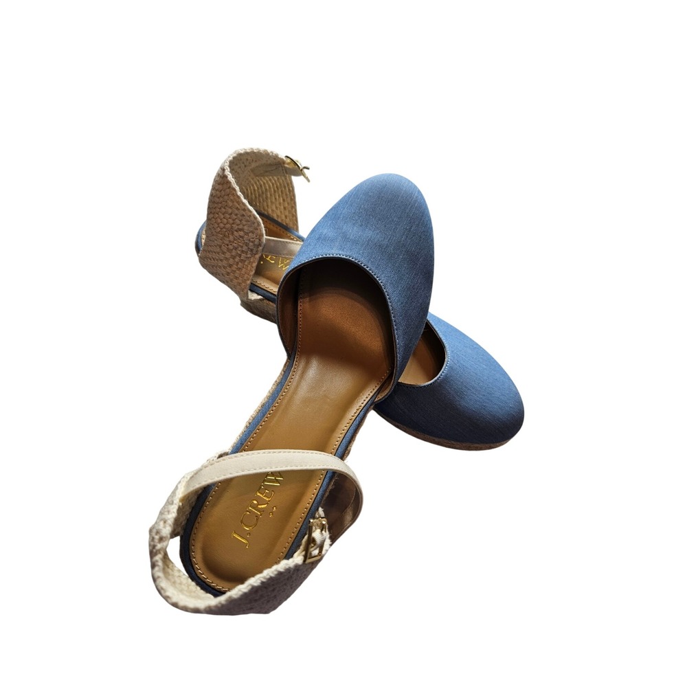 J.Crew Blue Denim Espadrille Wedge Sandals Ankle Strap Shoes Womens 9